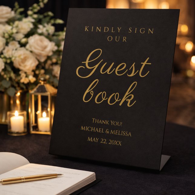 Signe De Table Black and Gold 50th Anniversary Guest Book Sign (Elegant black and gold guest book sign with warm candle glow.)