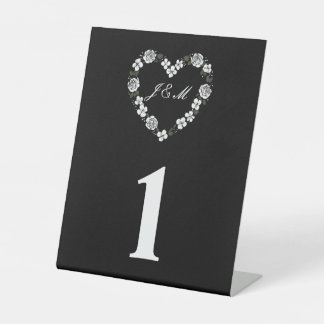 Signe De Table Black and White Floral Heart Wedding Table Number