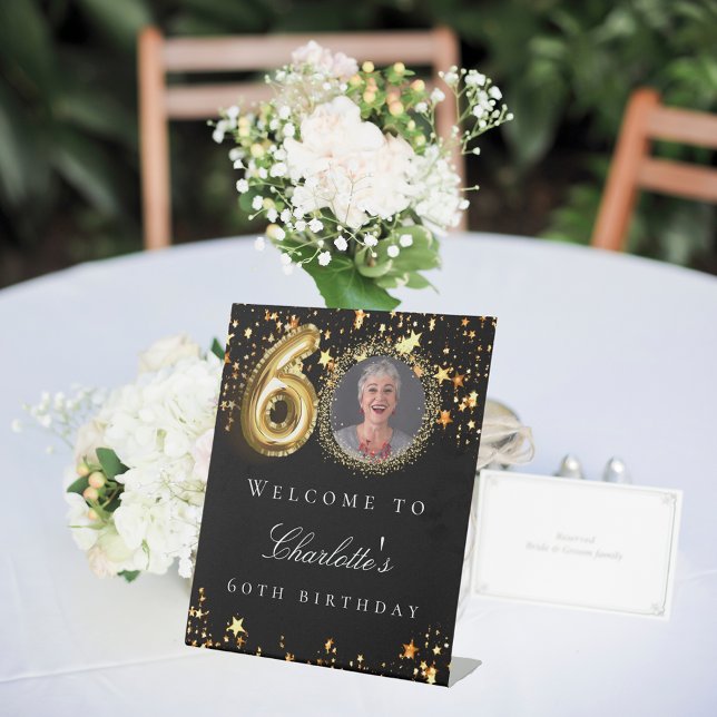 Signe De Table Black or 60e photo anniversaire fête bienvenue (Créateur téléchargé)
