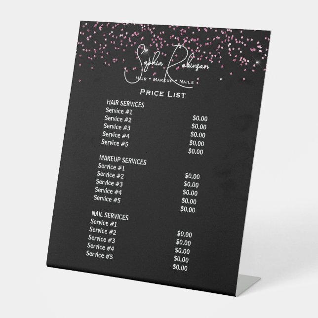 Signe De Table Black & Pink Glitter Beauty Salon Price List (Recto)