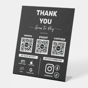 Signe De Table Black Scan moderne pour payer 3 codes QR Merci