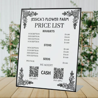 Signe De Table Black & White Floral Qr Code Business Price List