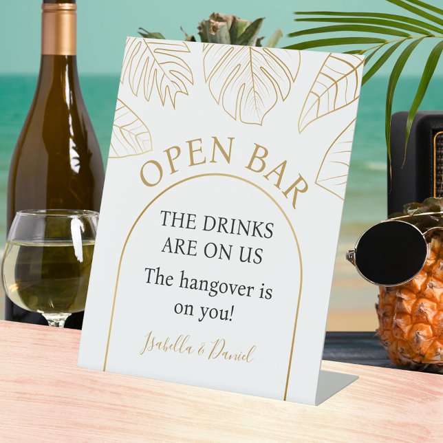 Signe De Table Blanc et or Tropical Floral Open Bar Mariage (White and Gold Tropical Floral Open Bar Wedding Pedestal Sign)