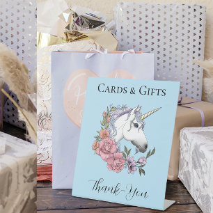 Signe De Table Blanc Unicorne rose Fleurs Bleu