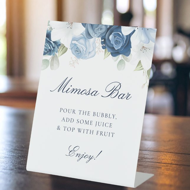 Signe De Table Bleu Dusty Fête des mariées Florale Mimosa Bar (Dusty Blue Floral Bridal Shower Mimosa Bar Pedestal Sign)