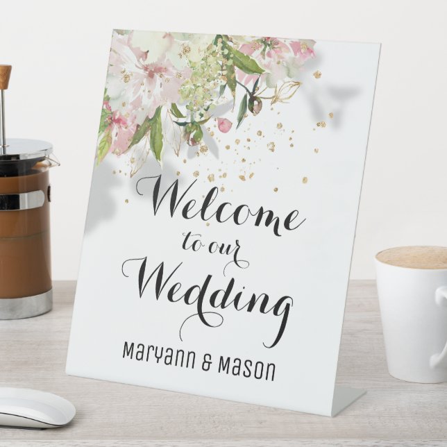 Signe De Table Bleu Et Blanc Étincelant Bienvenue À Notre Mariage (In SItu)