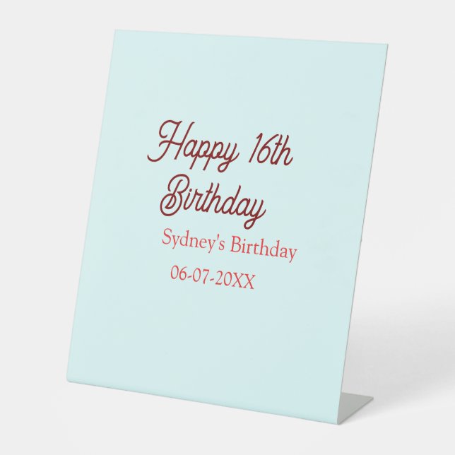 Signe De Table Bleu pastel rouge joyeux 16e anniversaire nom date (Recto)