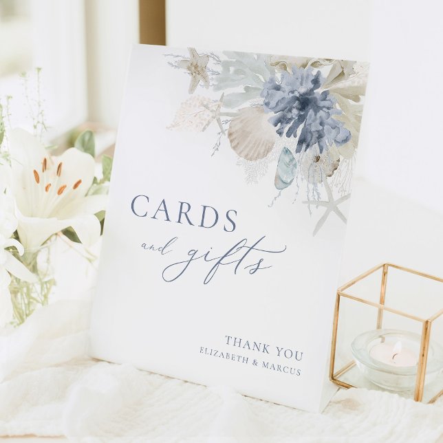 Signe De Table Blue Coastal Cards and Gifts Wedding Table Sign (Coastal wedding cards and gifts sign dusty blue seashell starfish elegant reception table decor)