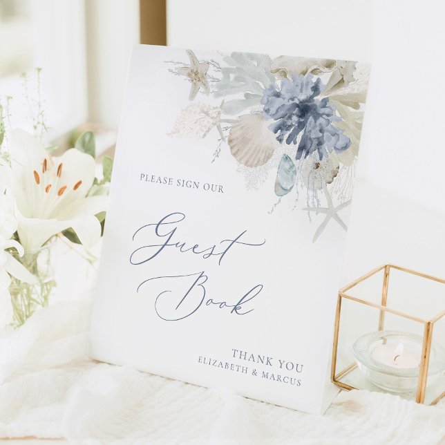 Signe De Table Blue Coastal Guest Book Wedding Pedestal Sign (Blue coastal guest book wedding sign with seashell design, elegant beach reception decor)