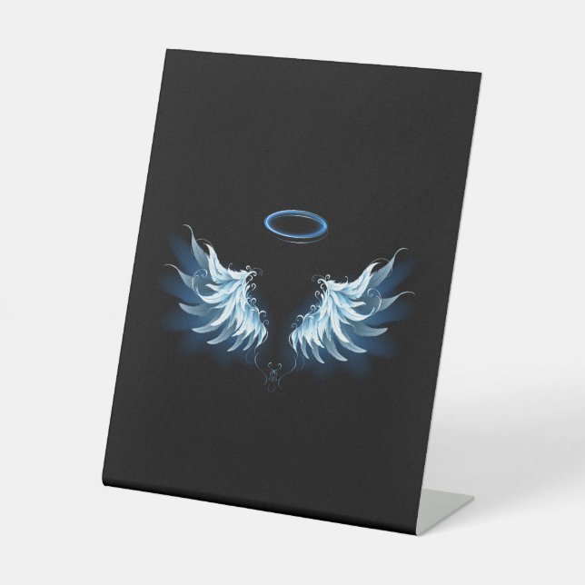Signe De Table Blue Glowing Angel Wings on black background (Recto)