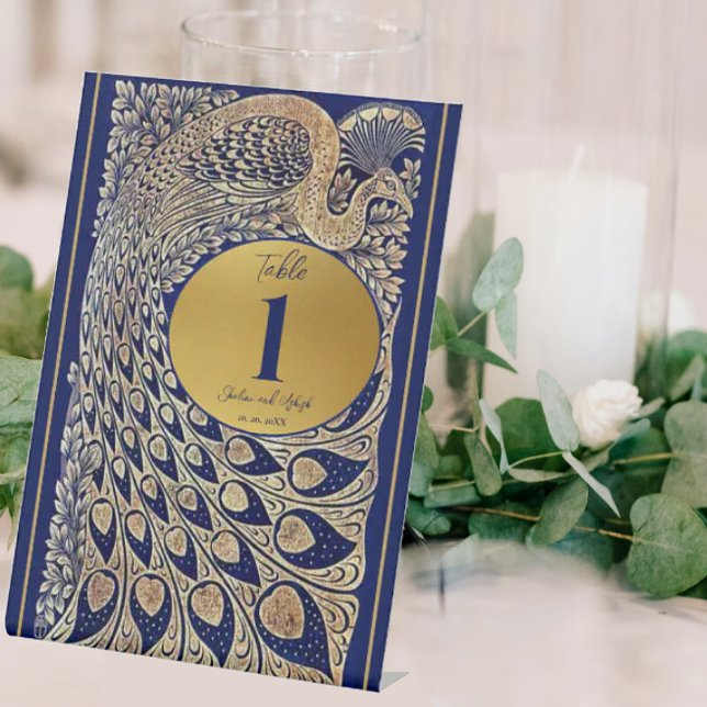 Signe De Table Blue Gold Peacock Mariage indien Numéro de table (Créateur téléchargé)
