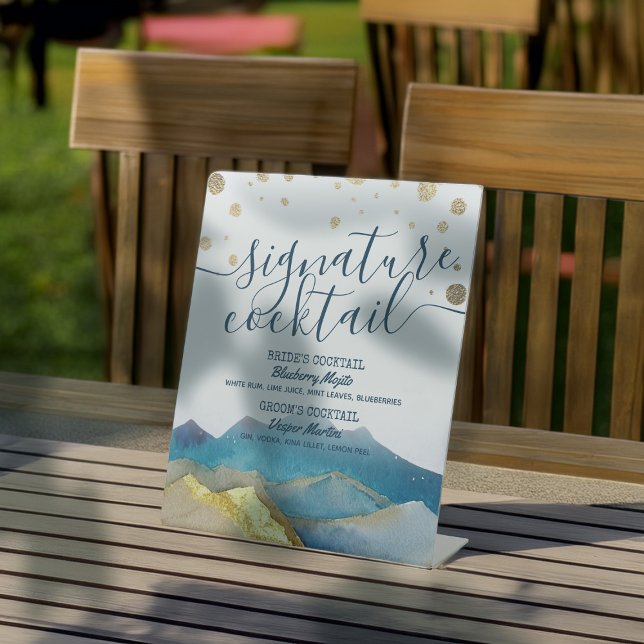 Signe De Table Blue Golden Mountains Mariage Signature Boire Menu (Créateur téléchargé)