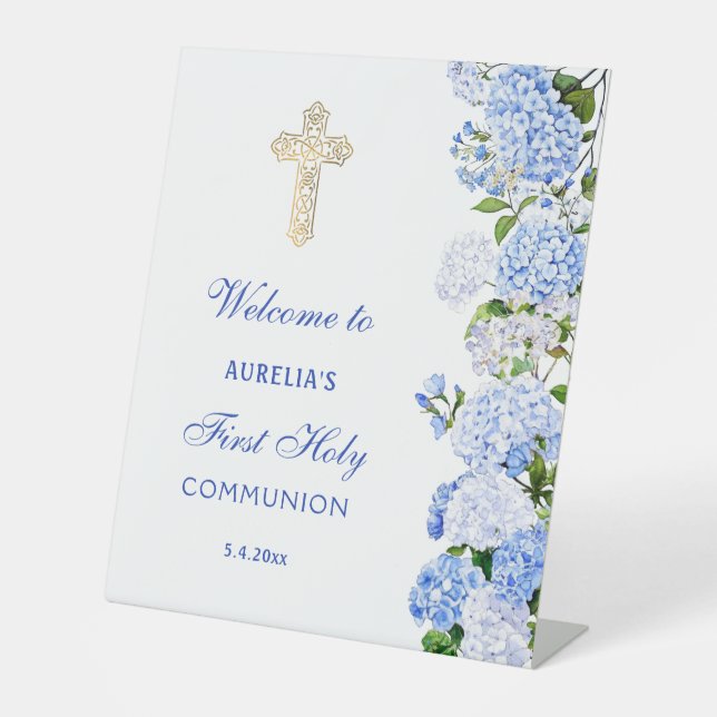 Signe De Table Blue Hydrangea First Communion Welcome (Recto)