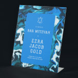 Signe De Table Blue Marble Star de David Custom Bar Bat mitzvah<br><div class="desc">Parfait signe pour accueillir les invités à une bat mitzvah, bar mitzvah ou autre célébration juive ! L'art abstrait fait main pour vous sur le devant ! ENTIÈREMENT PERSONNALISABLE ! Cliquez sur "Personnaliser" ci-dessus pour modifier le texte. Cliquez sur "modifier à l'aide de l'outil de conception" pour ajuster les polices,...</div>