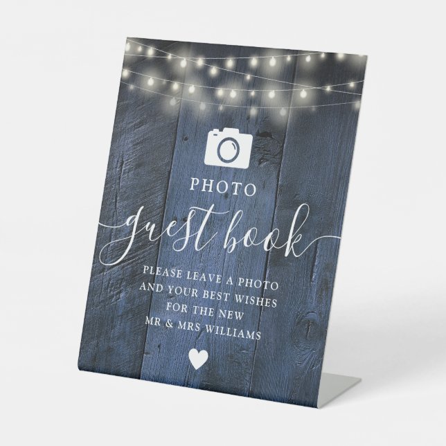 Signe De Table Blue Rustic Wood String Lights Photo Livre d'invit (Recto)