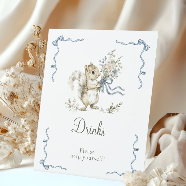 Signe De Table Blue Squirrel Baby Shower Drinks Sign Boy Woodland (Créateur téléchargé)