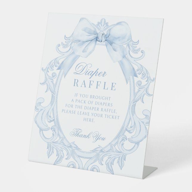 Signe De Table Blue Toile Frame Bow Baby Boy Shower Diaper Raffle (Recto)