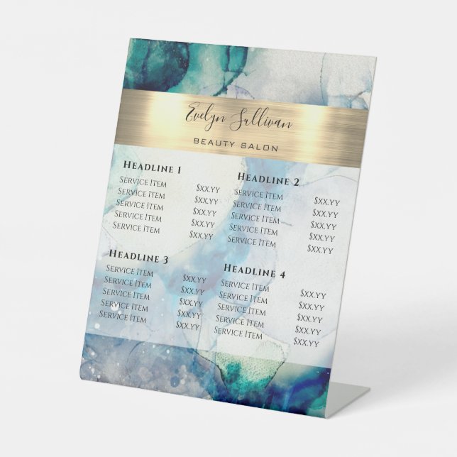 Signe De Table Blue Turquoise Watercolor Gold Foil Prix (Recto)