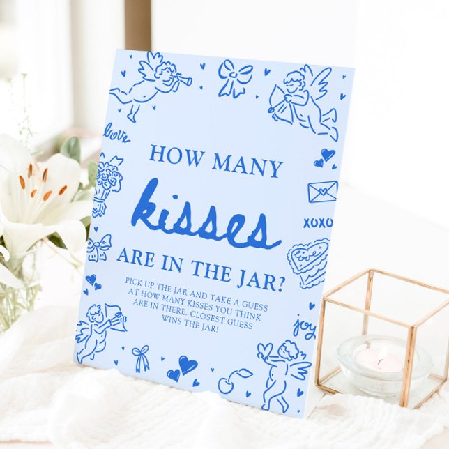 Signe De Table Blue Valentine Devinez combien de baisers Baby Sho (Blue Valentine Guess How Many Kisses Baby Shower Sign)