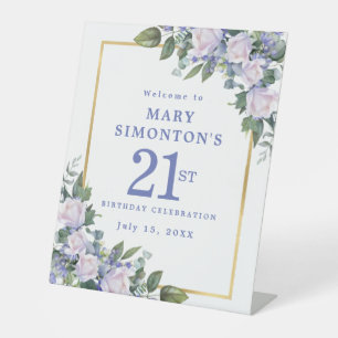 Signe De Table Blue White Gold Floral 21e anniversaire Bienvenue