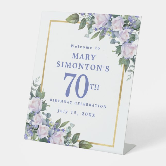 Signe De Table Blue White Gold Floral 70e anniversaire Bienvenue (Recto)