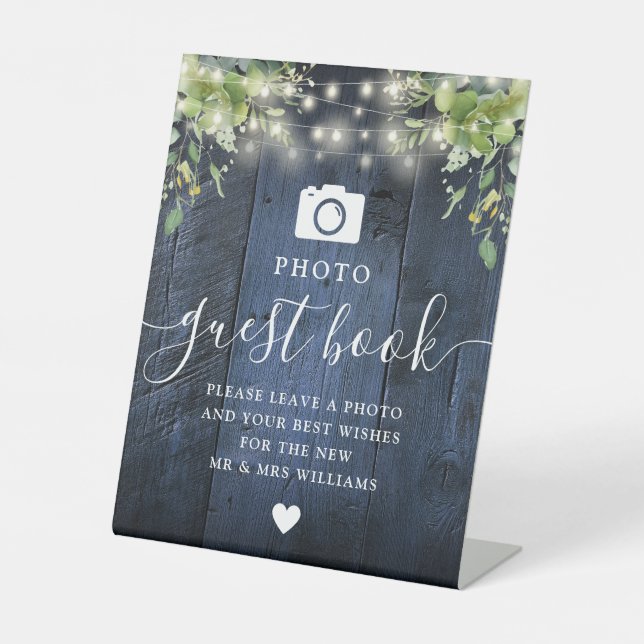 Signe De Table Blue Wood String Light Greenery Photo Livre d'or (Recto)
