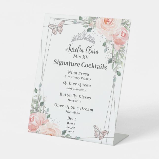 Signe De Table Blush Floral Quinceañera Sweet 16 Cocktails Menu