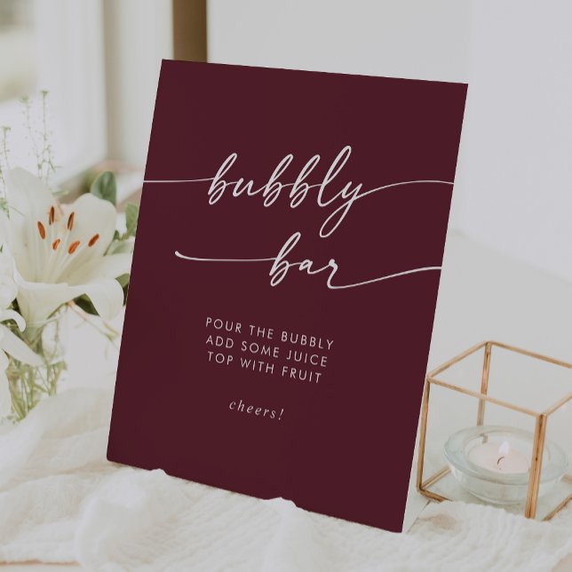 Signe De Table Boho Chic Bourgogne Rouge Bubbly Bar Mariage (Boho Chic Burgundy Red Bubbly Bar Wedding Pedestal Sign)