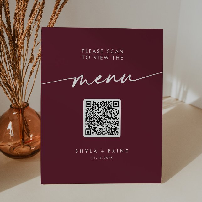 Signe De Table Boho Chic Bourgogne Rouge Code QR Menu Mariage (Créateur téléchargé)