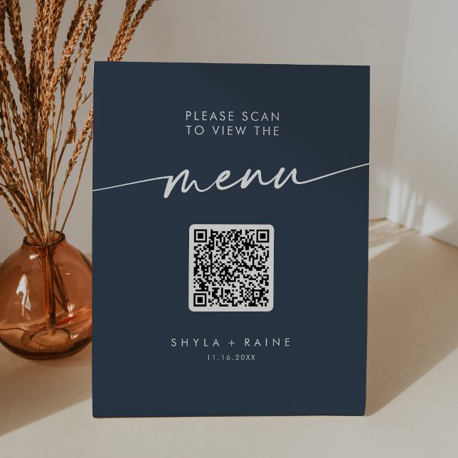 Signe De Table Boho Chic Dark Navy Blue QR Code Menu Mariage (Créateur téléchargé)