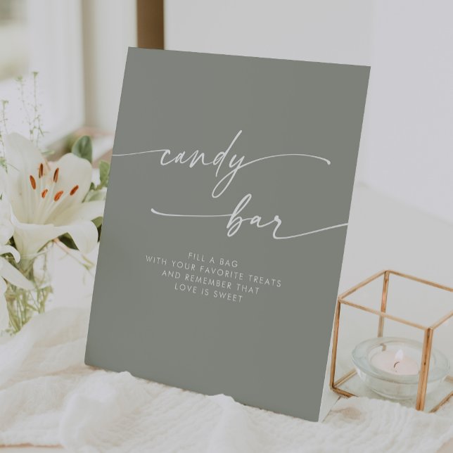 Signe De Table Boho Chic Moderne Sage Vert Barre De Bonbons Maria (Boho Chic Modern Sage Green Candy Bar Wedding Pedestal Sign)