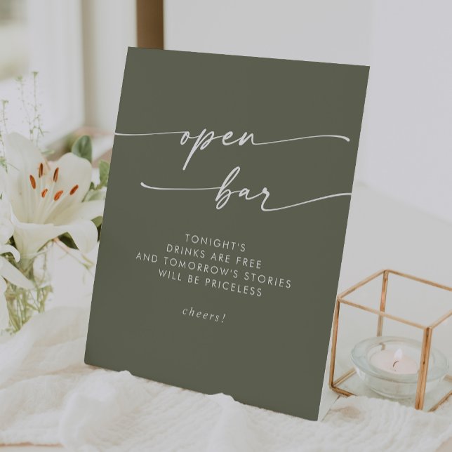 Signe De Table Boho Chic Olive Green Open Bar Mariage (Boho Chic Olive Green Open Bar Wedding Pedestal Sign)