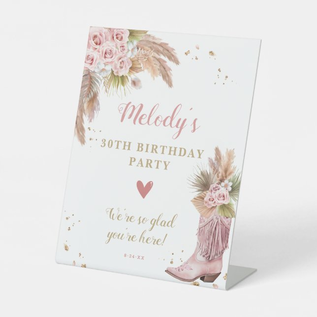 Signe De Table Boho Cowgirl Boot Pampas Grass Roses Bienvenue (Recto)