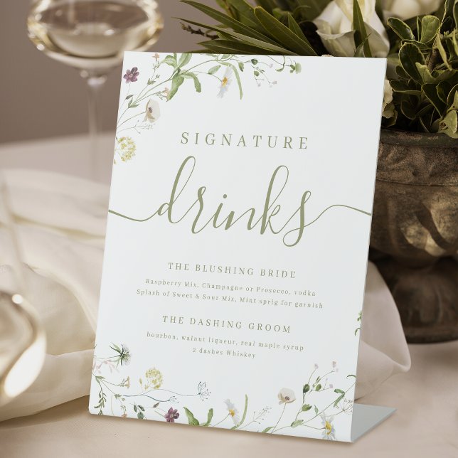 Signe De Table Boho Fleur sauvage rustique Mariage Signature Bois (Boho Wildflower rustic Wedding Signature Drinks Pedestal Sign)