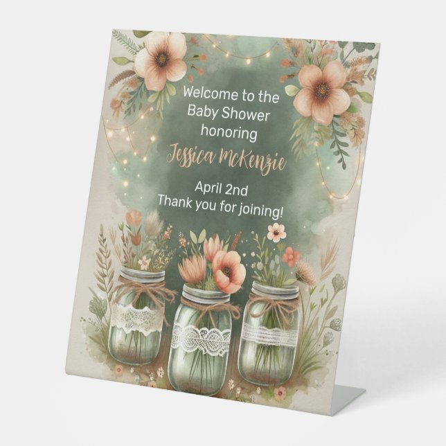 Signe De Table Boho Floral Rustique Floral Mason Jar Baby shower (Recto)