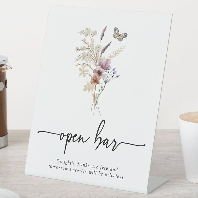 Signe De Table Boho Open Bar (Elegant Boho Floral Open Bar Pedestal Sign with Butterfly by Painted Paperie
)