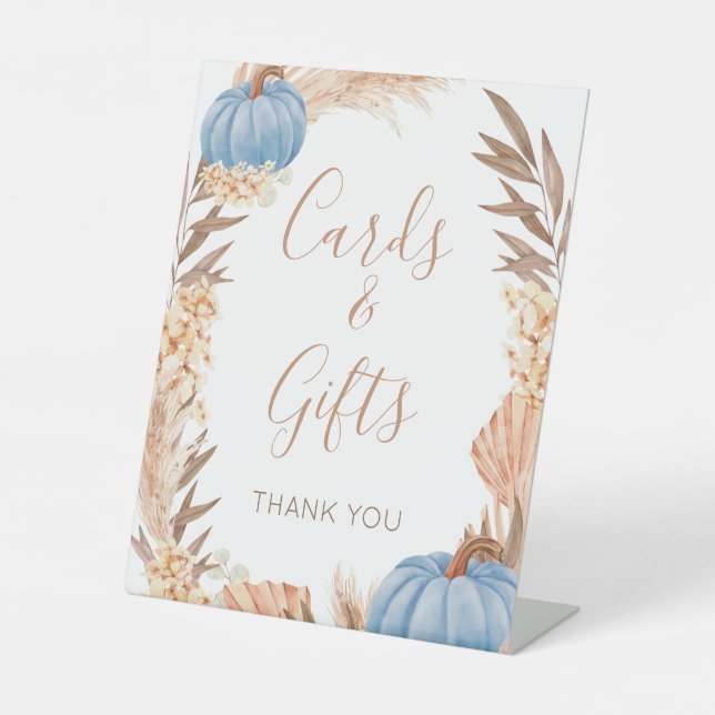Signe De Table Boho Pampas blue Pumpkin cards & gifts sign (Recto)