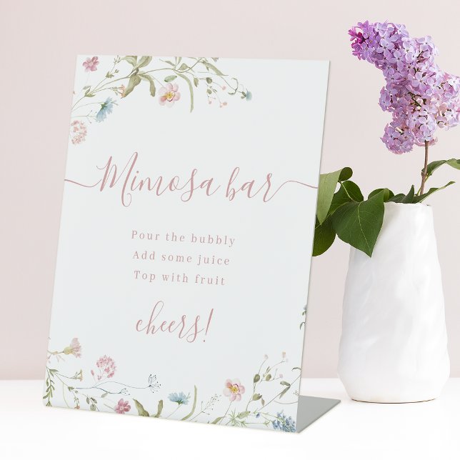 Signe De Table Boho Pink Fleur sauvage script Fête des mariées Mi (Boho Pink Wildflower script Bridal Shower Mimosa Pedestal Sign)