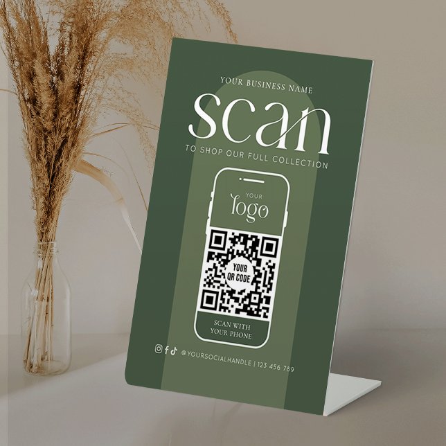 Signe De Table Boho Sage Green Business Scannable QR Code moderne (Scan to pay boho sage green pedestal sign with QR code and your logo)
