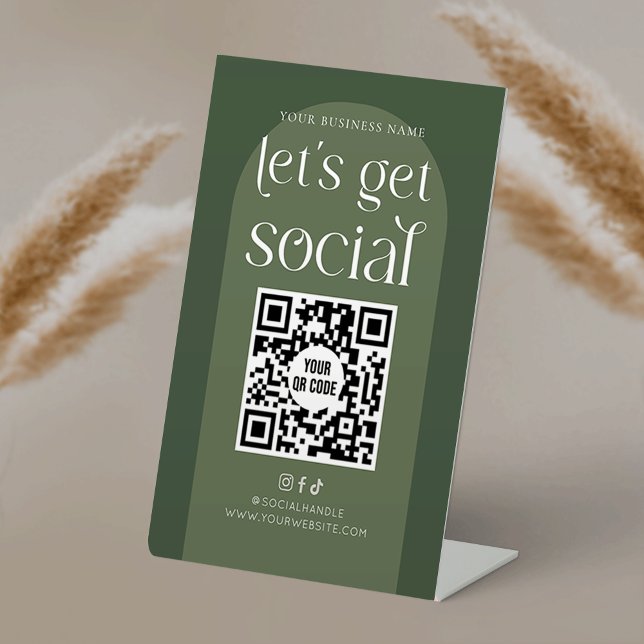 Signe De Table Boho Sage Green Business Social Media QR Code (Lets get social boho style sage green pedestal sign with QR code)