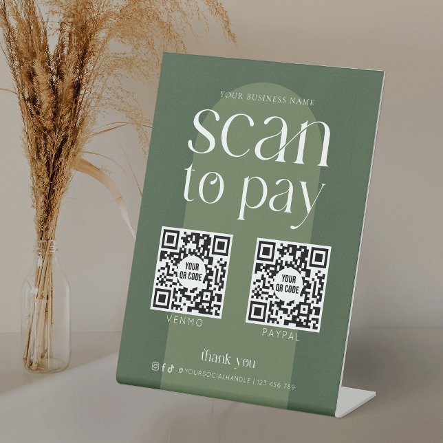 Signe De Table Boho Sage Green Scan moderne pour payer 2 codes QR (Modern boho arch business QR code Scan to Pay sign in sage green and white)
