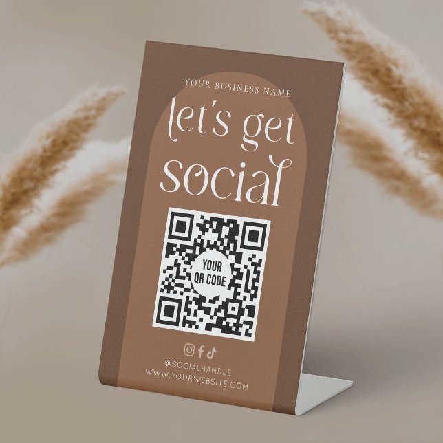 Signe De Table Boho Terracotta Business Social Media QR Code (Modern boho social media sign with QR code, featuring earthy terracotta tones and a minimal design)