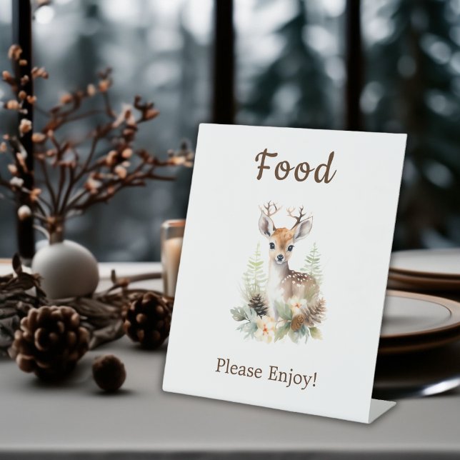Signe De Table Bois de cerf Baby shower animal nourriture (Winter Deer Gender Neutral Baby Shower Food Pedestal Sign)