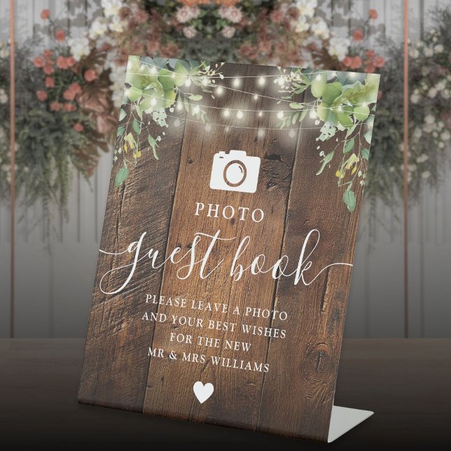 Signe De Table Bois rustique Chaîne Lumière Verdure Photo Livre d (Rustic Wood String Light Greenery Photo Guest Book Pedestal Sign)