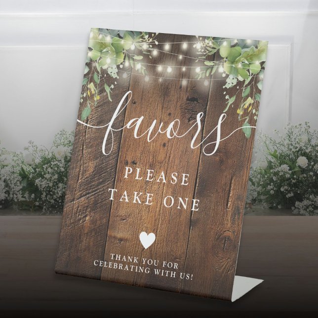 Signe De Table Bois Rustique Chaîne Lumineuses Verdure Boho Faveu (Rustic Wood String Lights Greenery Boho Favors Pedestal Sign)