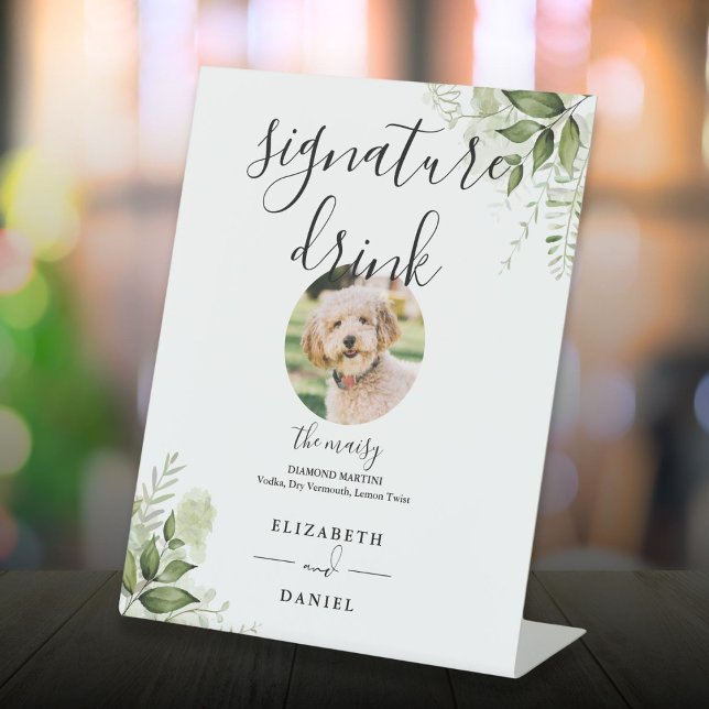 Signe De Table Boisson Signature de Mariage à Fleur de Verdure po (Floral Greenery Wedding Pet Signature Drink Pedestal Sign)
