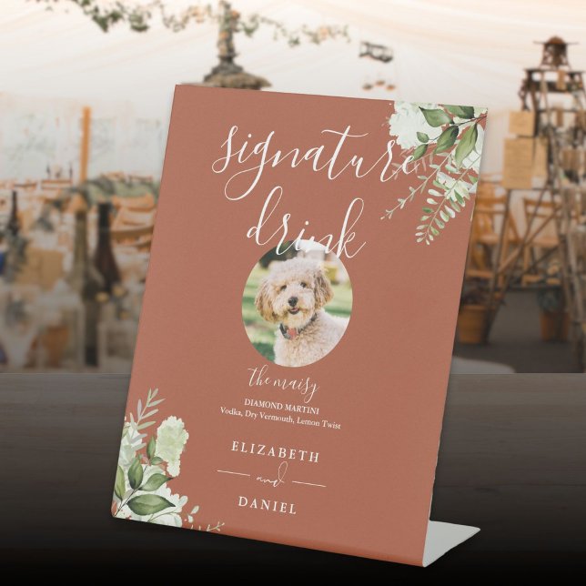 Signe De Table Boisson Signature de Mariage à la Végétation en Te (Terracotta Greenery Wedding Pet Signature Drink Pedestal Sign)