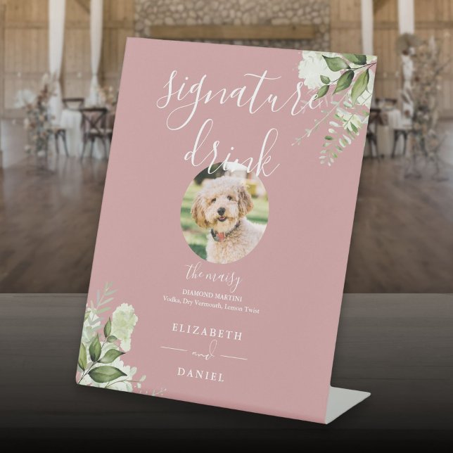 Signe De Table Boisson Signature de Mariage à la Verdure Rose Pou (Dusty Rose Greenery Wedding Pet Signature Drink Pedestal Sign)