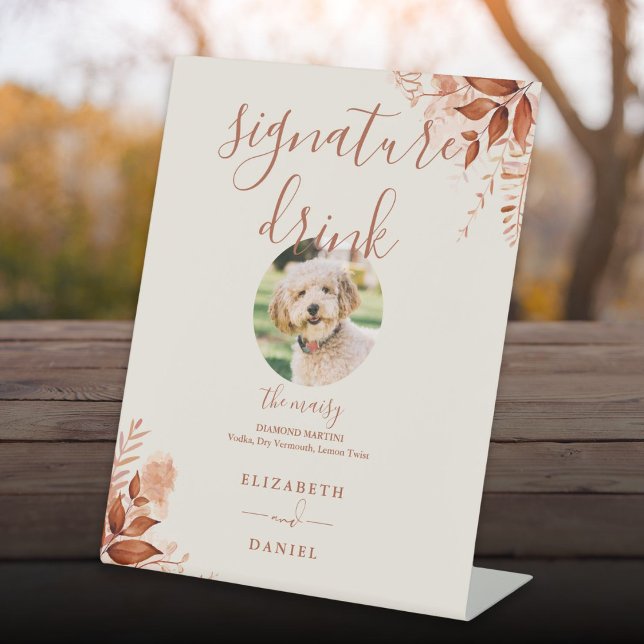 Signe De Table Boisson Signature de Mariage Floral Rustique d'Aut (Rustic Floral Fall Wedding Pet Signature Drink Pedestal Sign)