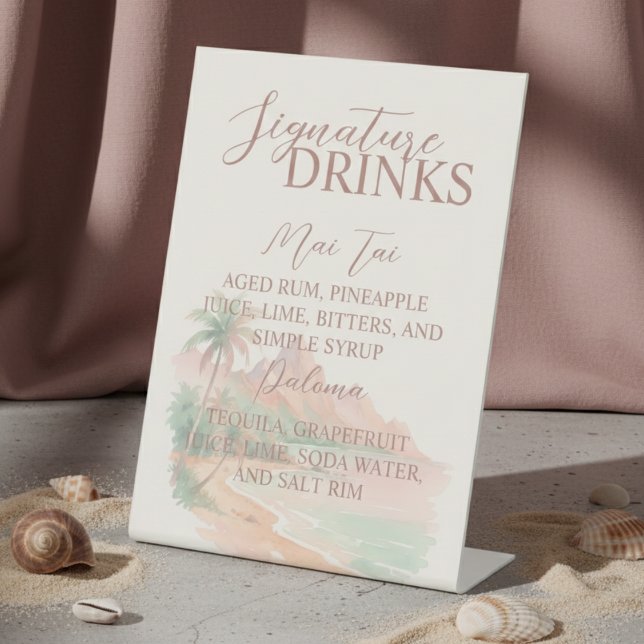 Signe De Table Boisson Signature de Mariage sur la Plage d'une Îl (Tropical Island Beach Signature Drink Wedding Pedestal Sign)